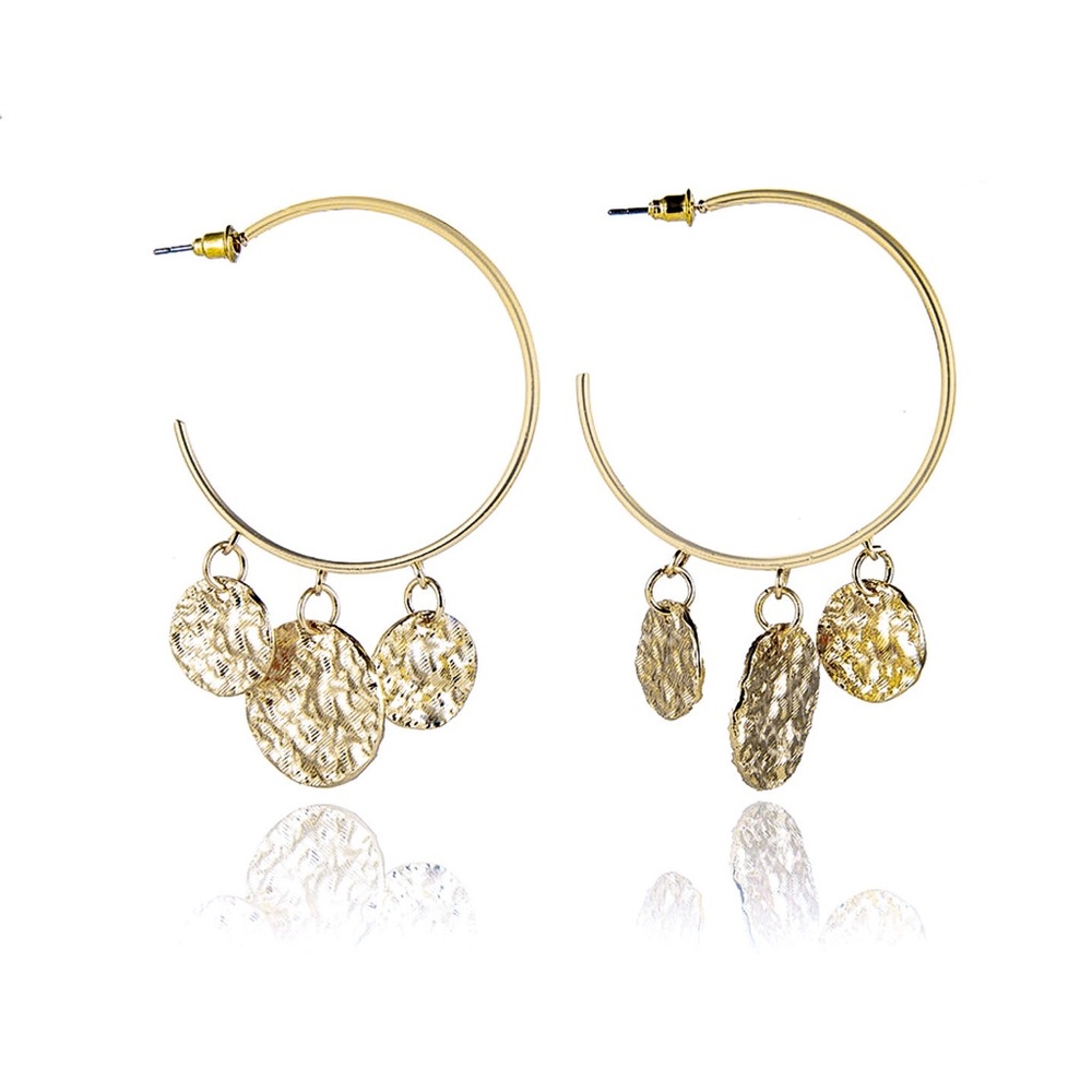 Gold 3/4 Hoops w/3 Dangling Discs Earrings - Picture 3 of 7